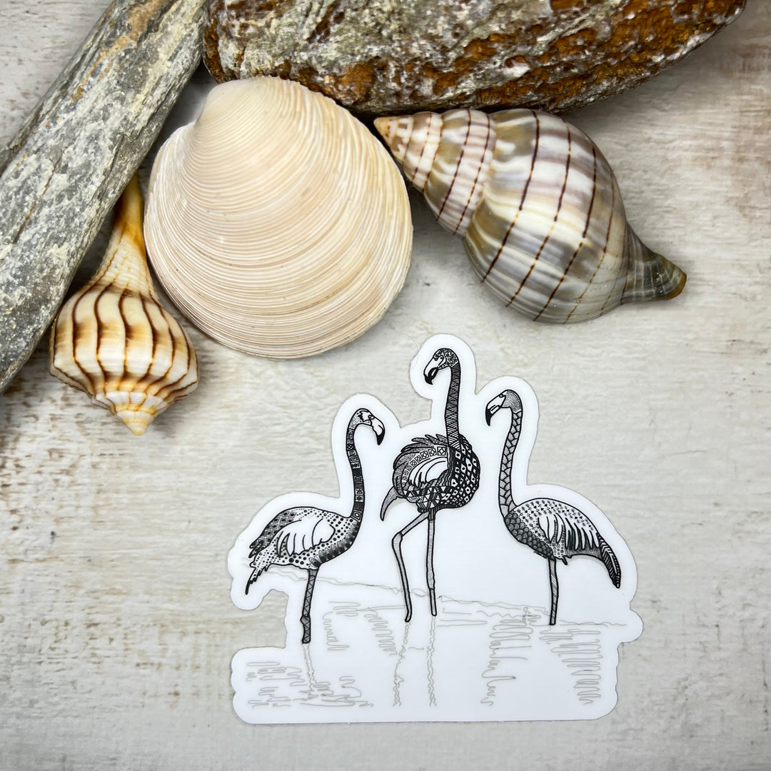 Sticker - Flamingoes - Black & White - white background - 3" x 2.8"