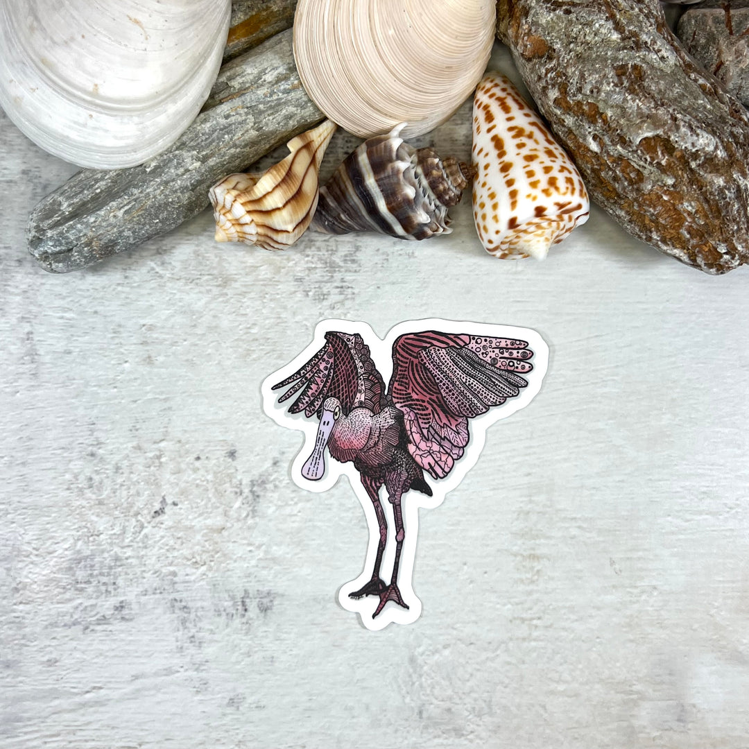 Sticker - Spoonbill Flapping - Pink - white background - 2.8x3"