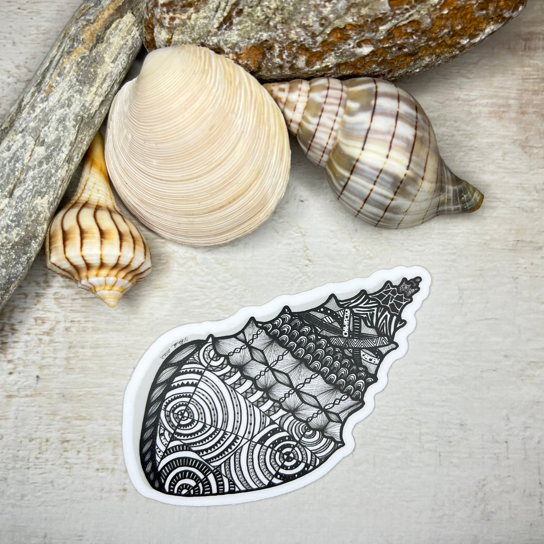 Sticker - Florida Fighting Conch Seashell - Black & White - white background - 2.7” x 3”