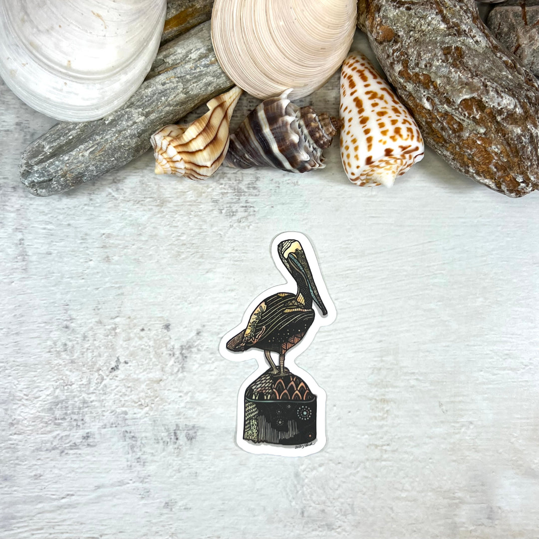 Sticker - Key West Pelican - Orange - white background - 1.3 x 3"