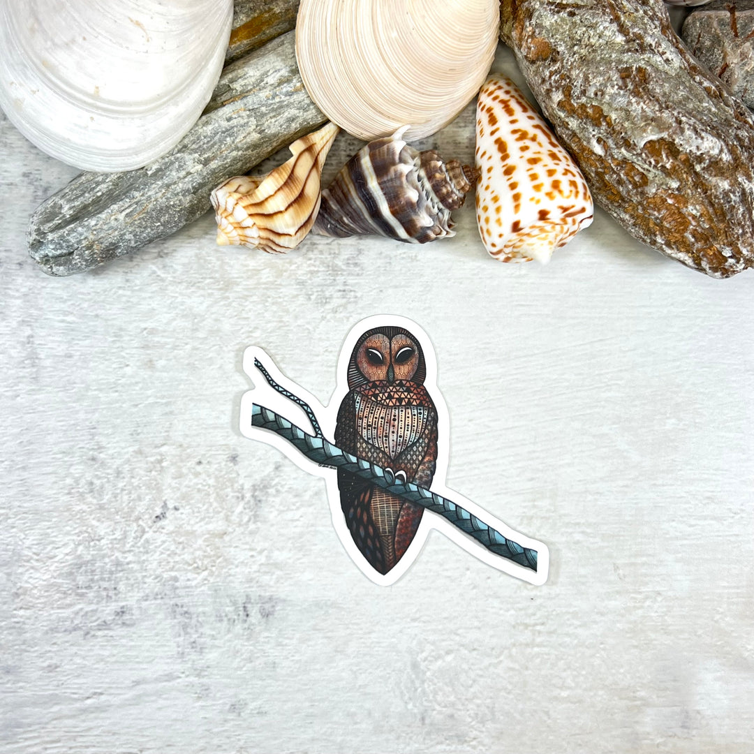 Sticker - Barred Owl - Brown & Turquoise - white background - 3.0 x 2.6"