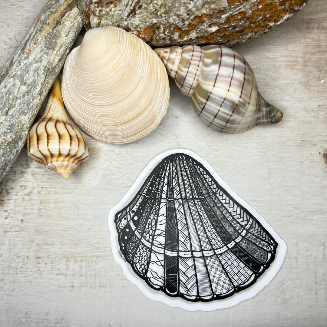 Sticker - Cockleshell Seashell - Black & White - white background - 3” x 2.9”