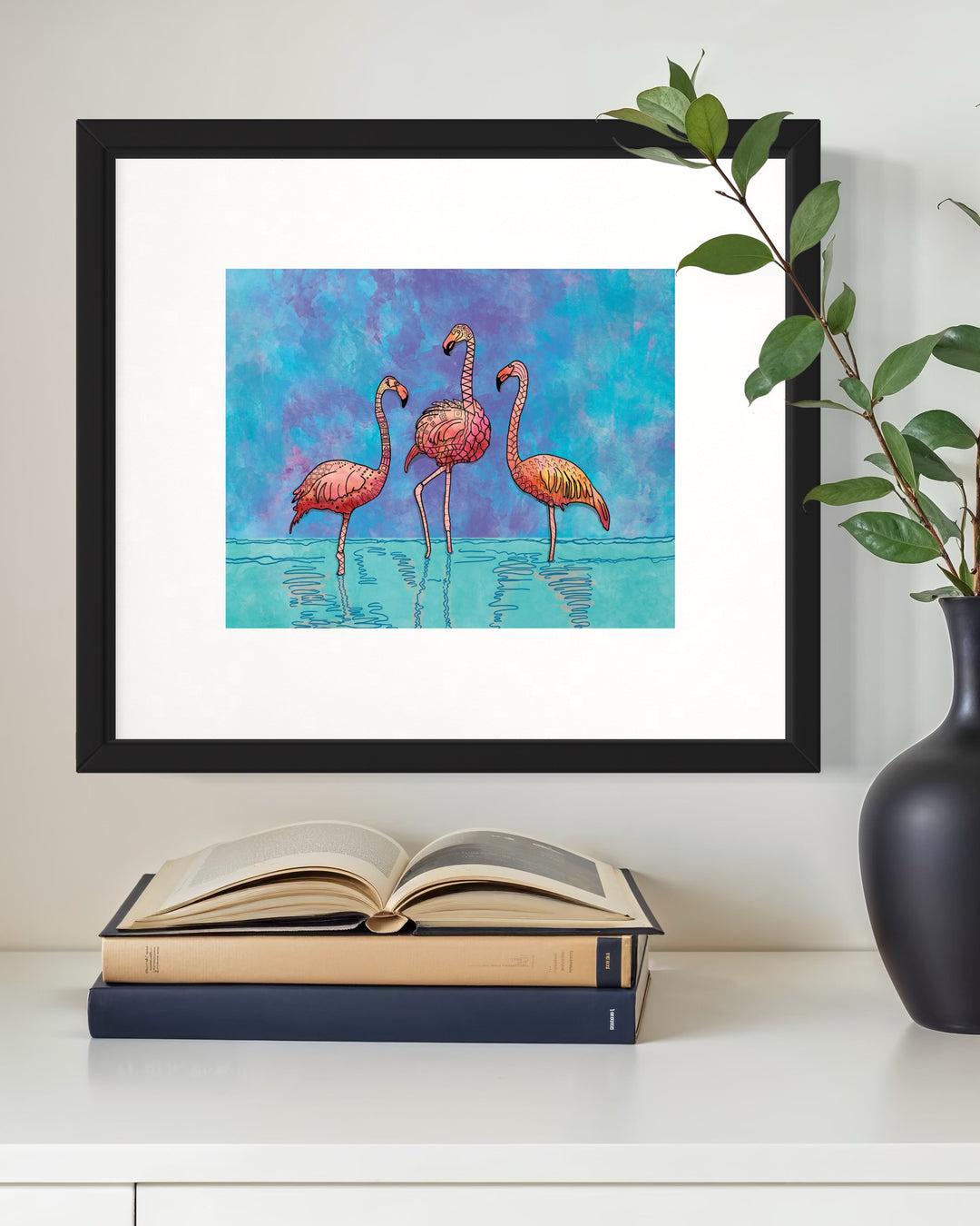 Flamingos Art Print 8 x 10 | Colorful Ocean Wall Art | Flamingos Marine Life Illustration, Coastal Beach Decor