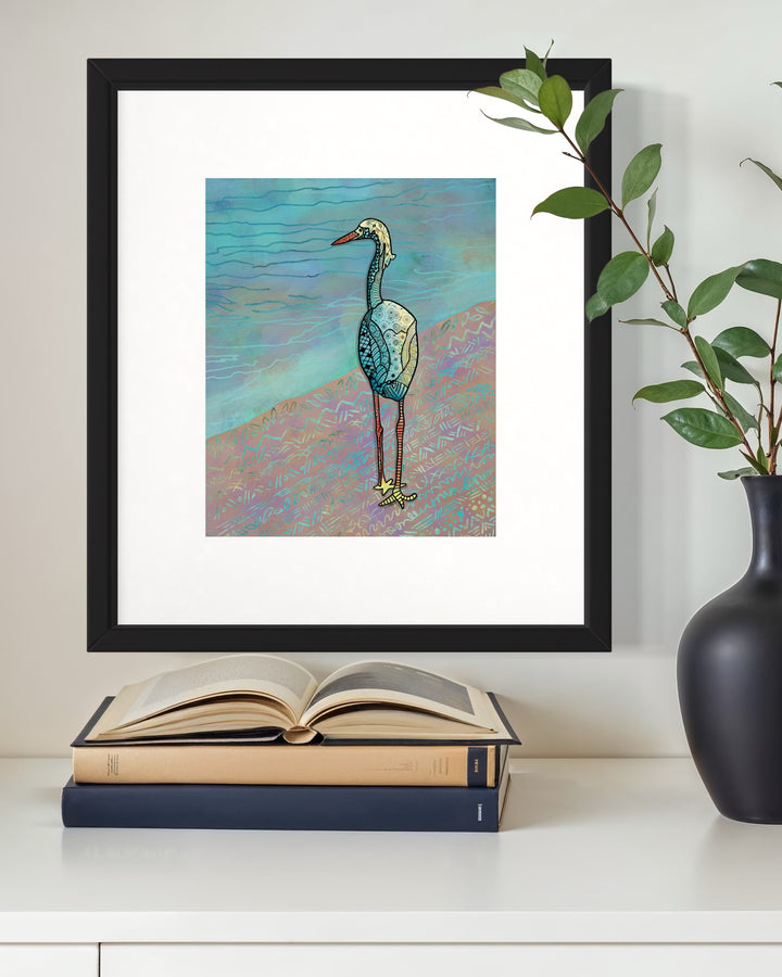 Snowy Egret | Art Print 8 x 10 | Colorful Ocean Wall Art | Snowy Egret Life Illustration, Coastal Beach Decor