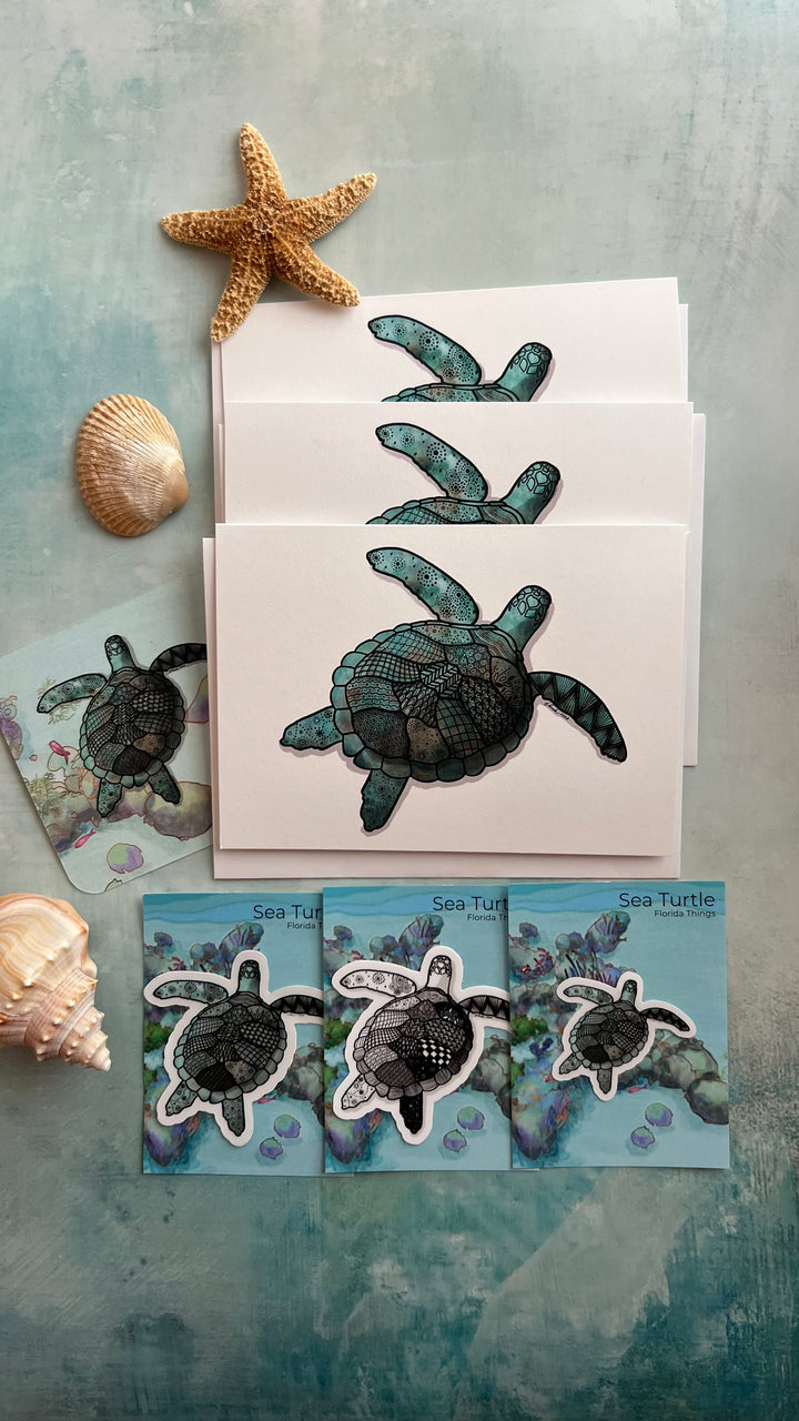 Sea Turtle Note Card & Sticker Bundle | 3 Blank Note Cards 4.5 x 6.25 | 3 Stickers | Ocean Animal Greeting Card | Cute Turtle Stationery, Coastal Gift (Copy)