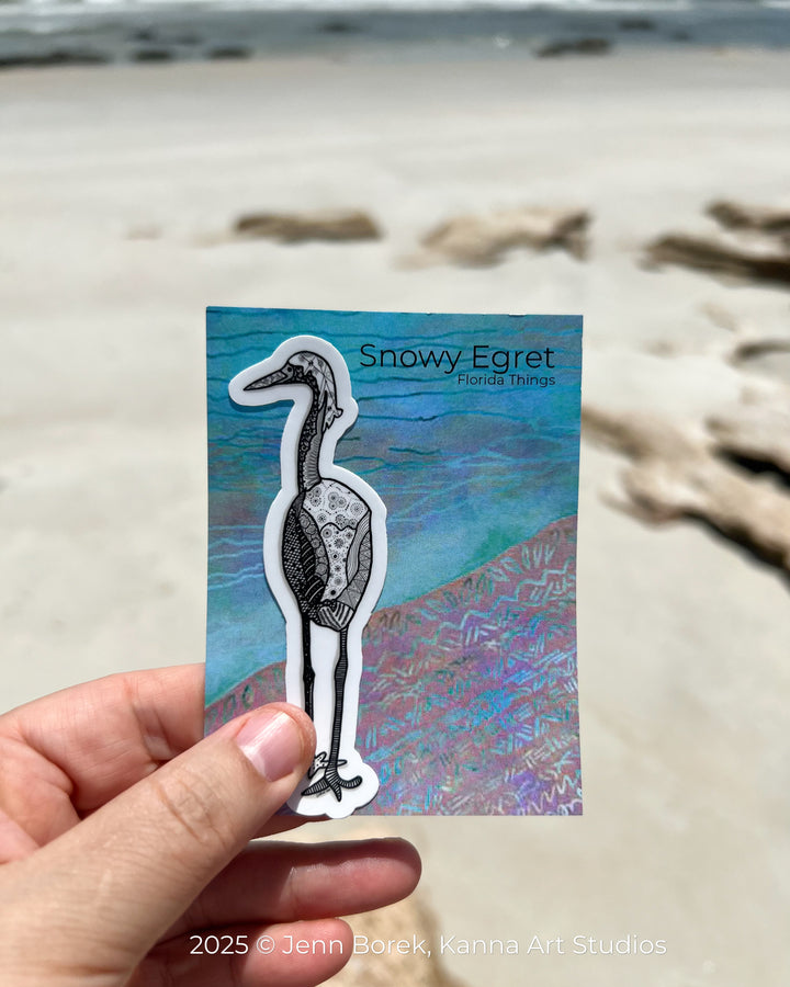 Snowy Egret | Stickers 3" | Shore Bird Snowy Egret Vinyl Sticker | Black & White, Waterproof Snowy Egret Decal for Laptop, Water Bottle, Journal, Gift for Ocean Lovers