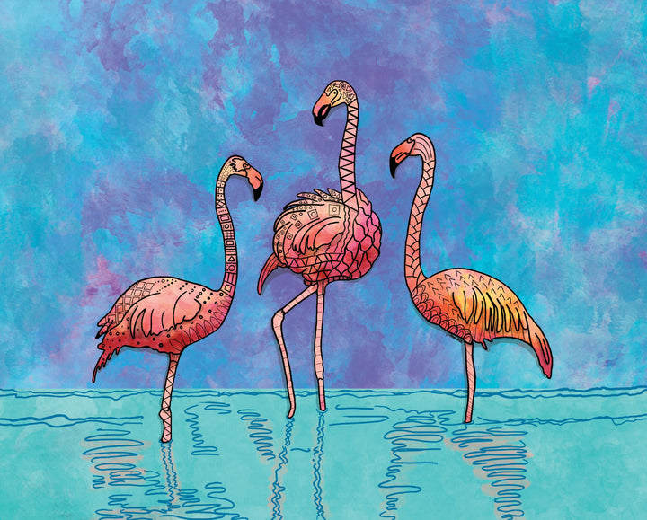 Flamingos Art Print 8 x 10 | Colorful Ocean Wall Art | Flamingos Marine Life Illustration, Coastal Beach Decor