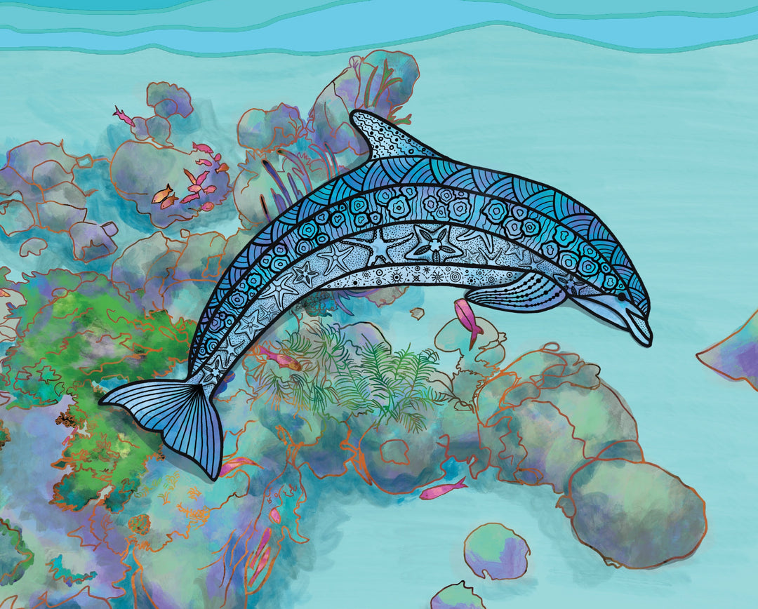 Dolphin Art Print 8 x 10 | Ocean Wall Art | Marine Life Illustration, Coastal Beach Decor