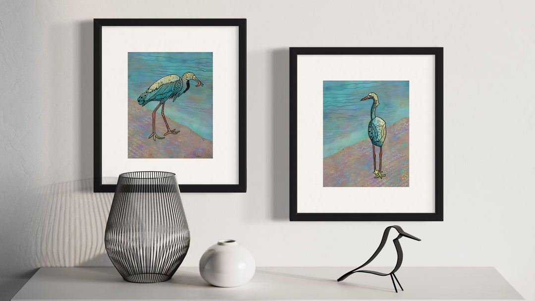 Snowy Egret & Fish | Art Print 8 x 10 | Colorful Ocean Wall Art | Snowy Egret Life Illustration, Coastal Beach Decor