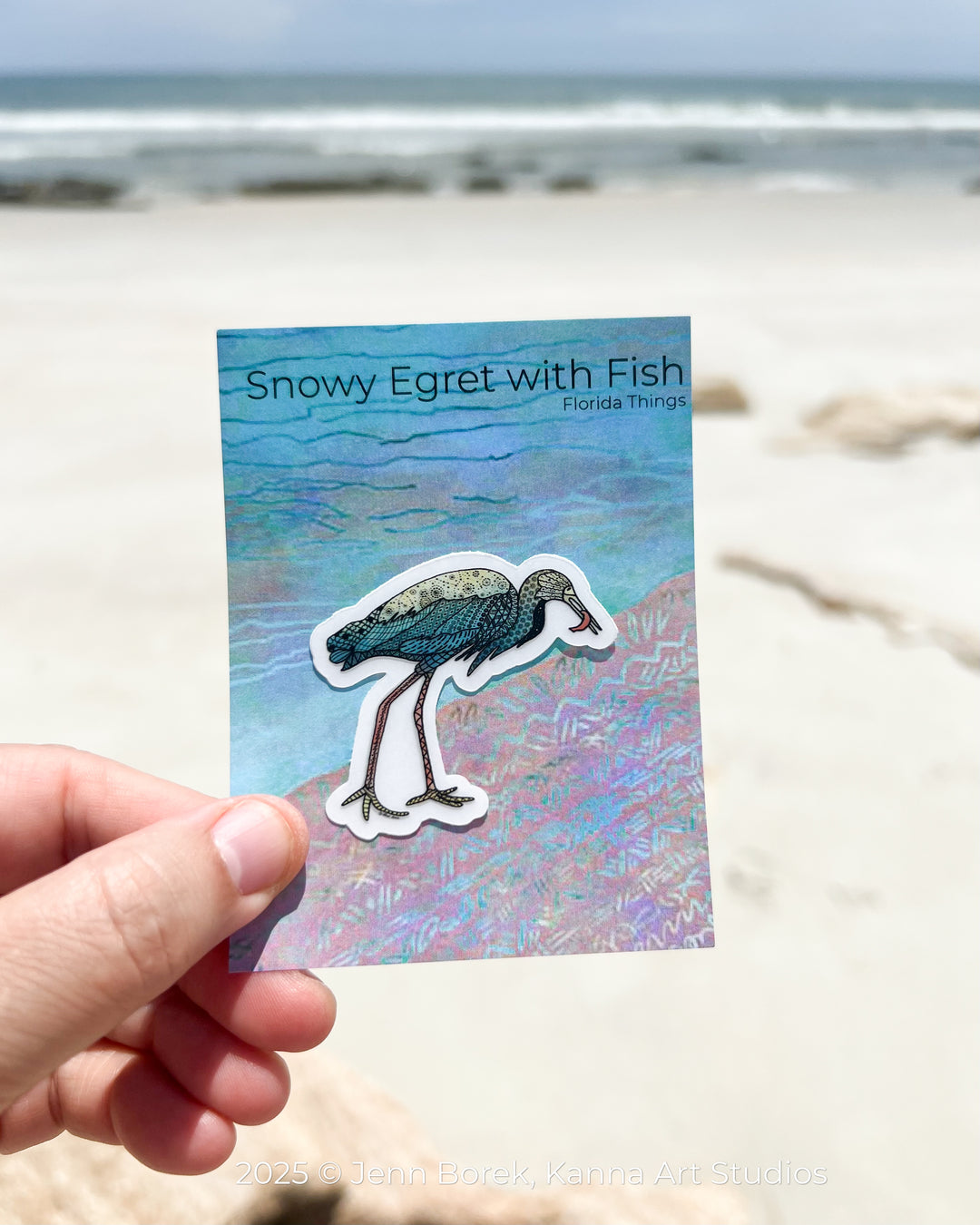 Snowy Egret & Fish | Stickers 2" or 3" | Shore Bird Snowy Egret Vinyl Sticker | Clear, Blue, Waterproof Snowy Egret Decal for Laptop, Water Bottle, Journal, Gift for Ocean Lovers