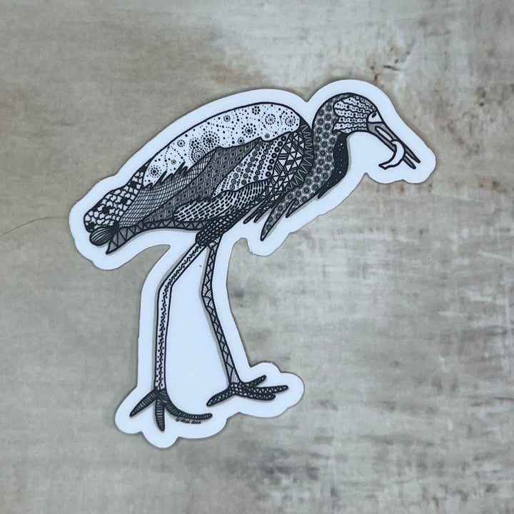 Sticker - Snowy Egret with Fish - Black & White - White Background - 3"