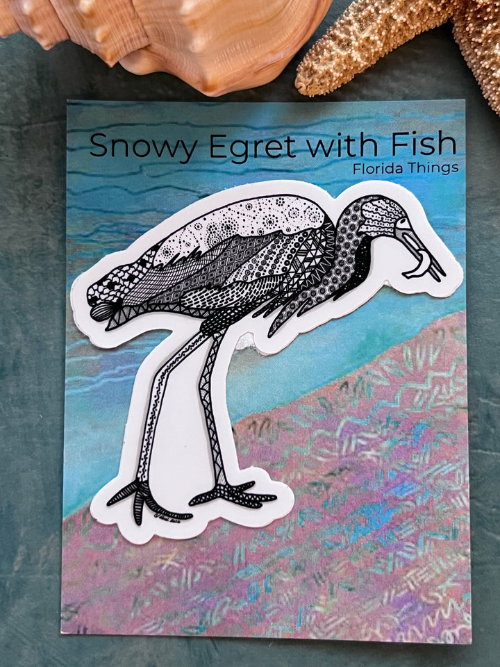 Snowy Egret & Fish | Stickers 3" | Shore Bird Snowy Egret Vinyl Sticker | Black & White, Waterproof Snowy Egret Decal for Laptop, Water Bottle, Journal, Gift for Ocean Lovers