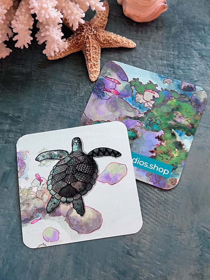 Sea Turtle Paper Coaster 3.5 X 3.5 | Ocean Animal Paper Coaster | Cute Turtle Coaster for journalers, ocean lovers, or ocean themed gathering
