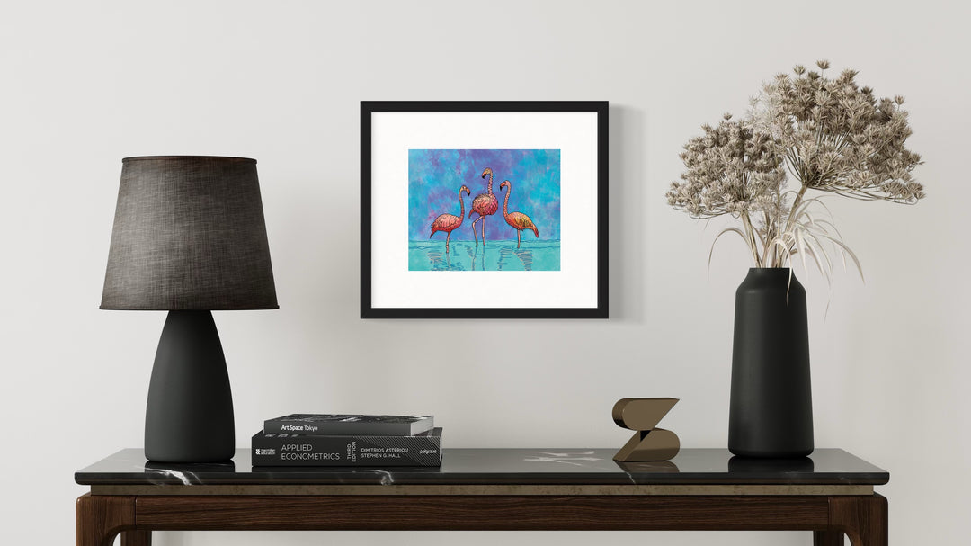 Flamingos Art Print 8 x 10 | Colorful Ocean Wall Art | Flamingos Marine Life Illustration, Coastal Beach Decor