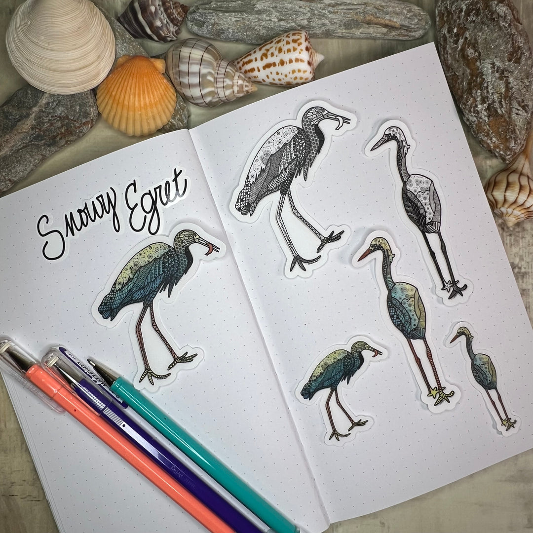 Snowy Egret & Fish | Stickers 3" | Shore Bird Snowy Egret Vinyl Sticker | Black & White, Waterproof Snowy Egret Decal for Laptop, Water Bottle, Journal, Gift for Ocean Lovers