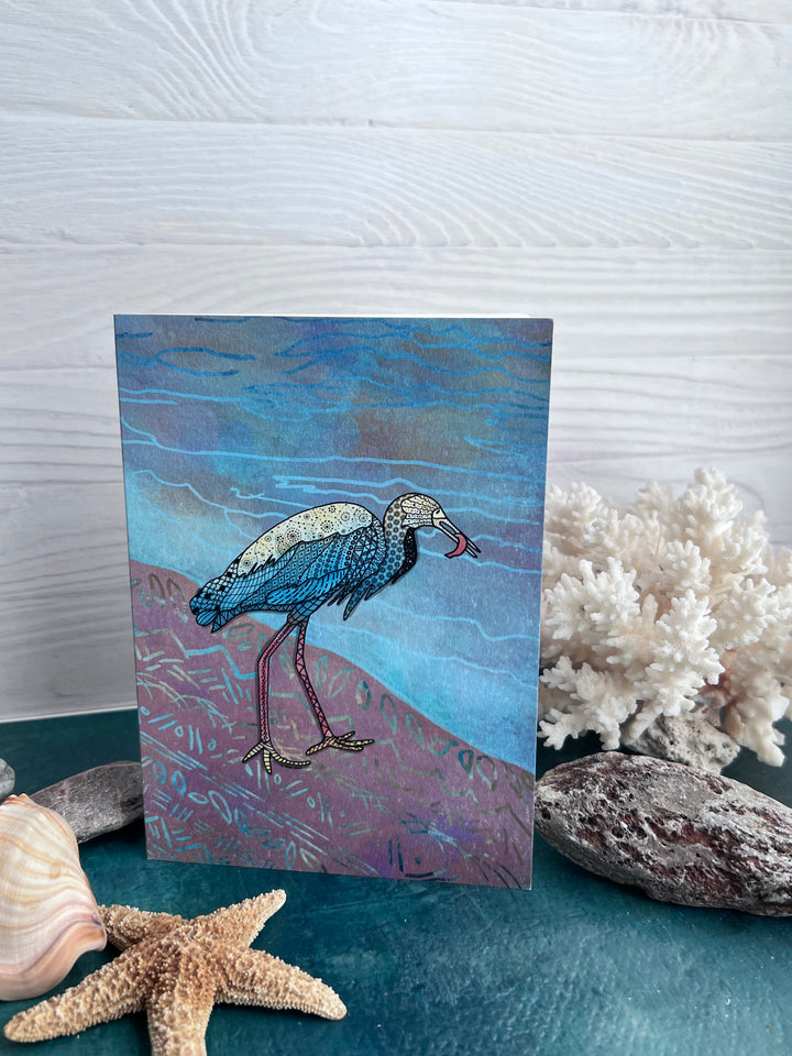 Snowy Egret & Fish | Blank Note Card 4.5 x 6.25 | Colorful Ocean Animal Greeting Card | Snowy Egret Stationery, Coastal Gift