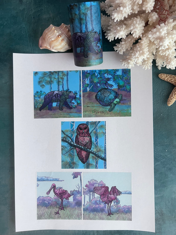 Washi Tape | Forest & Marsh | 3 Inches x 33 Feet | 75mm x 10m | Bear, Gopher Tortoise, Spoonbill & Barred Owl | Nature Journaling Tape | Florida Wildlife
