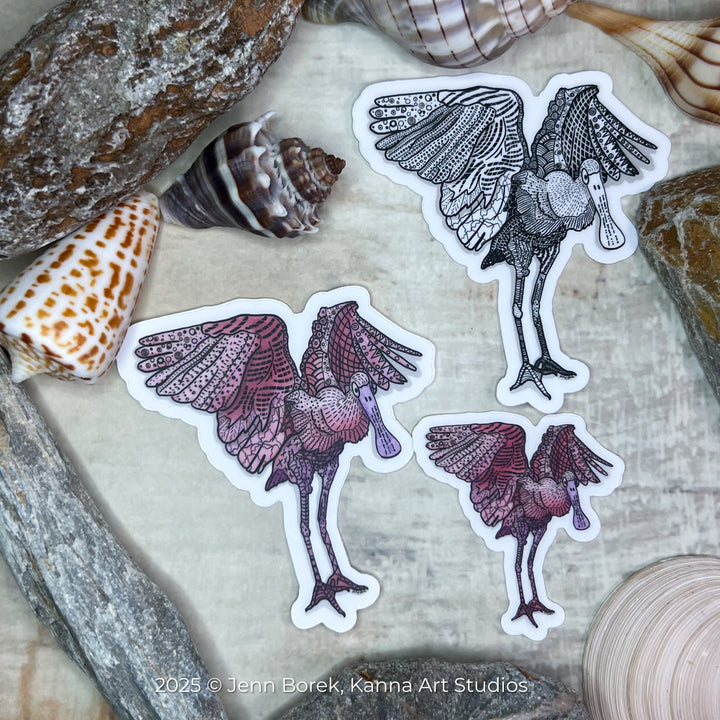 Spoonbill Flapping | Stickers 3" | Spoonbill Vinyl Sticker | Black & White, Waterproof Spoonbill Decal for Laptop, Water Bottle, Journal, Gift for Ocean Lovers