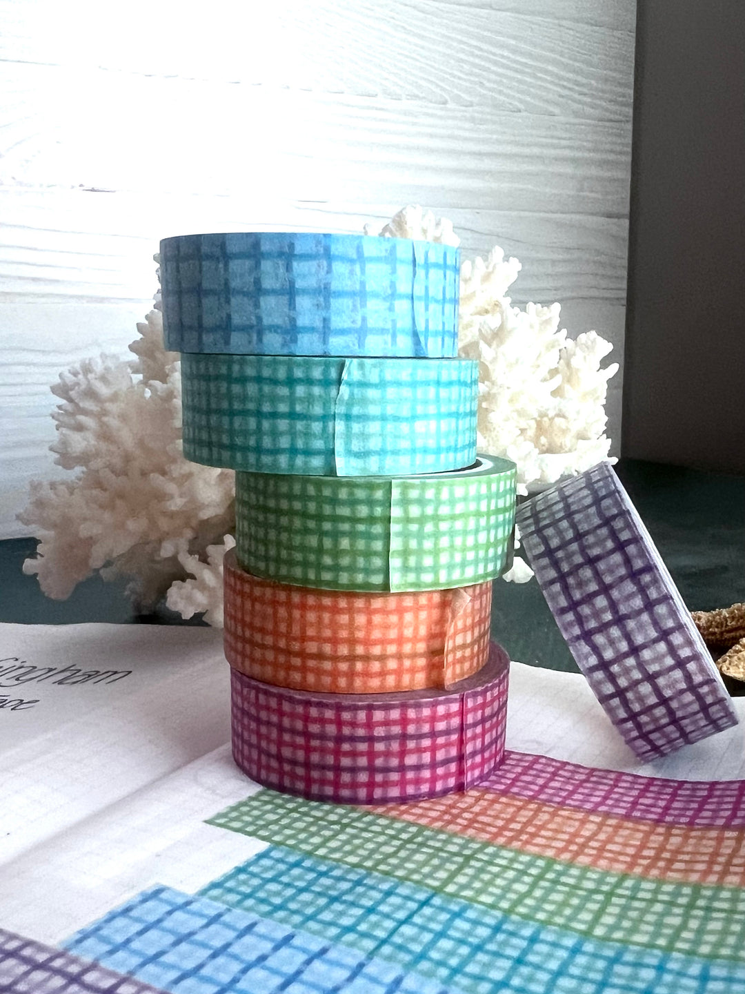 Washi Tape Wavy Gingham | 15mm Hand-Drawn Gingham Washi Tape | Colorful Journal, Planner & Scrapbook Tape | Pink, Orange, Green, Turquoise, Blue, Purple
