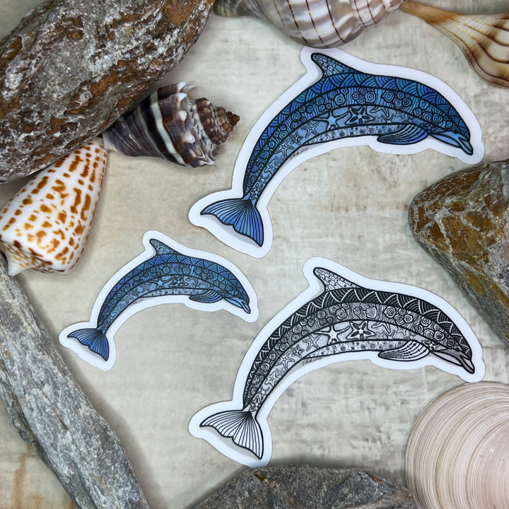 Sticker - Dolphin - Black & White - White Background - 3"