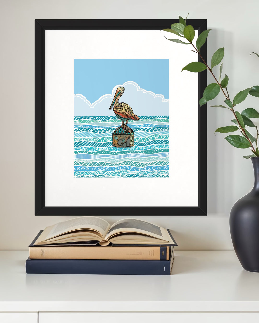 Pelican Key West Art Print 8 x 10 | Colorful Ocean Wall Art | Pelican Key West Life Illustration, Coastal Beach Decor