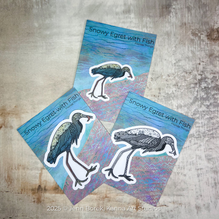 Snowy Egret & Fish | Stickers 2" or 3" | Shore Bird Snowy Egret Vinyl Sticker | Clear, Blue, Waterproof Snowy Egret Decal for Laptop, Water Bottle, Journal, Gift for Ocean Lovers