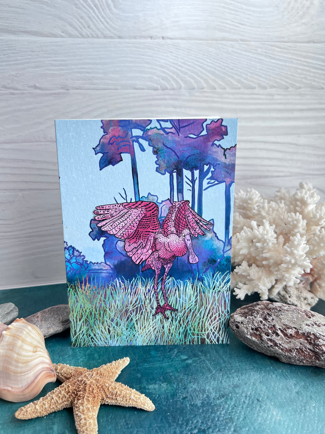 Spoonbill Flapping | Blank Note Card 4.5 x 6.25 | Colorful Ocean Animal Greeting Card | Spoonbill Stationery, Coastal Gift