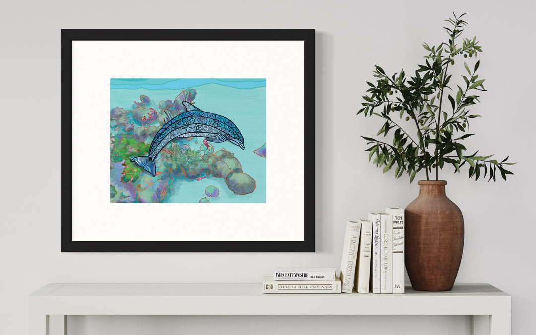 Dolphin Art Print 8 x 10 | Ocean Wall Art | Marine Life Illustration, Coastal Beach Decor