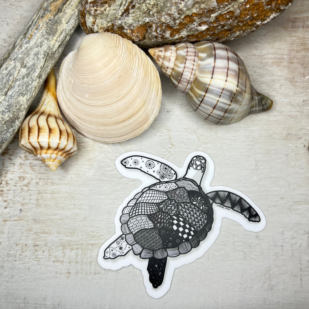 Sticker - Sea Turtle - Black & White - White background - 3" x 2.8"