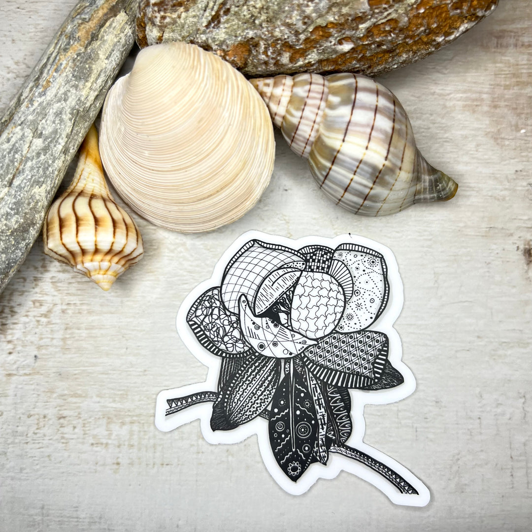 Sticker - Magnolia 2 - Black & White - white background - 3" x 2.9"