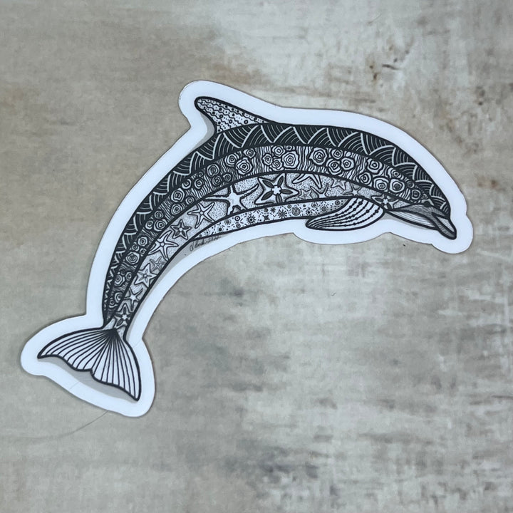 Sticker - Dolphin - Black & White - White Background - 3"