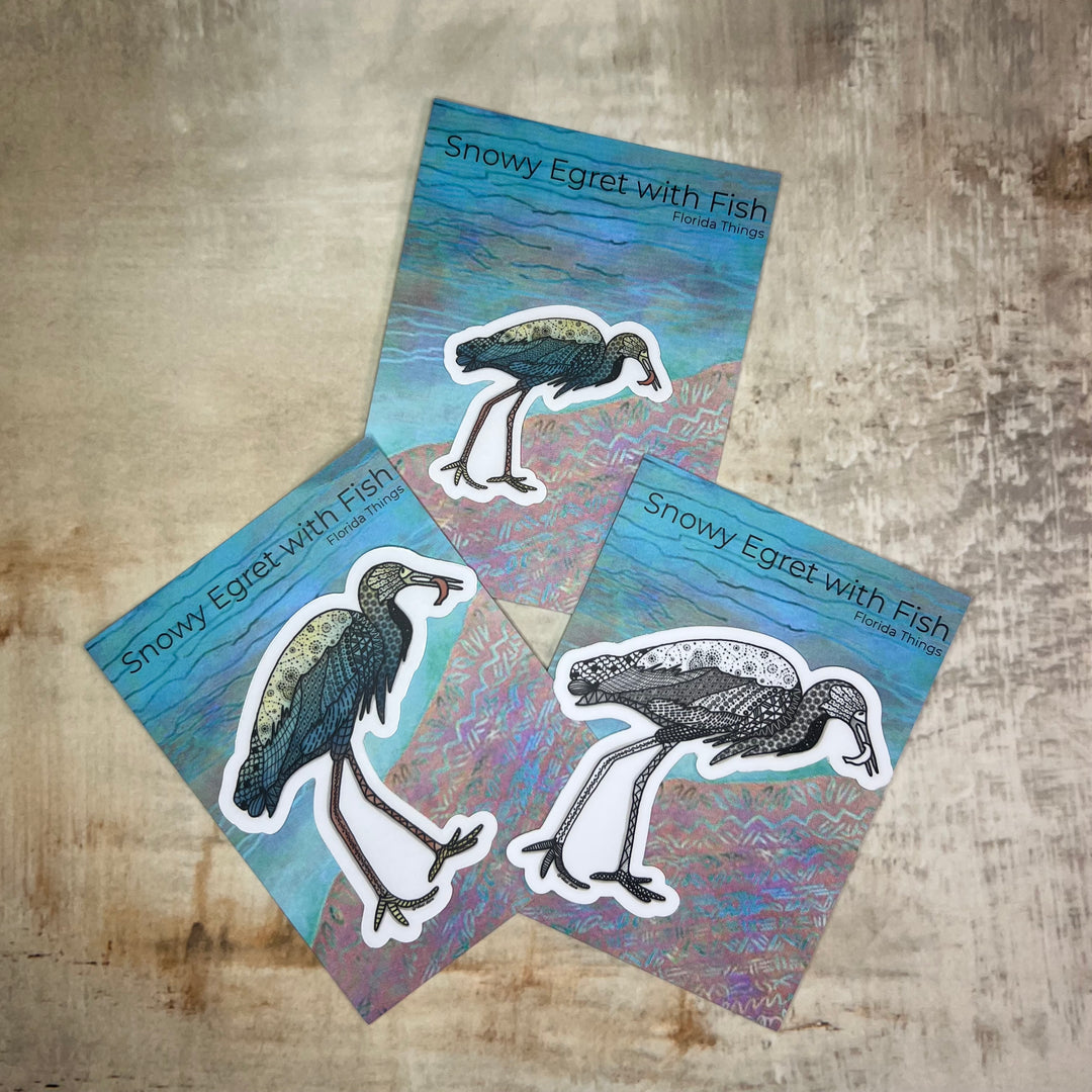 Sticker - Snowy Egret with Fish - Teal - Clear Background - 3" or 2"