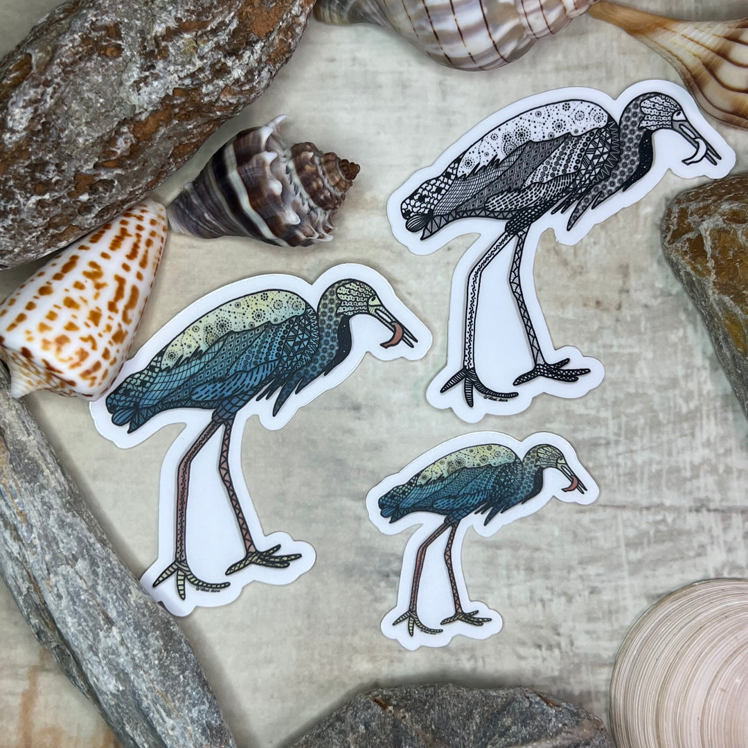 Snowy Egret & Fish | Stickers 3" | Shore Bird Snowy Egret Vinyl Sticker | Black & White, Waterproof Snowy Egret Decal for Laptop, Water Bottle, Journal, Gift for Ocean Lovers
