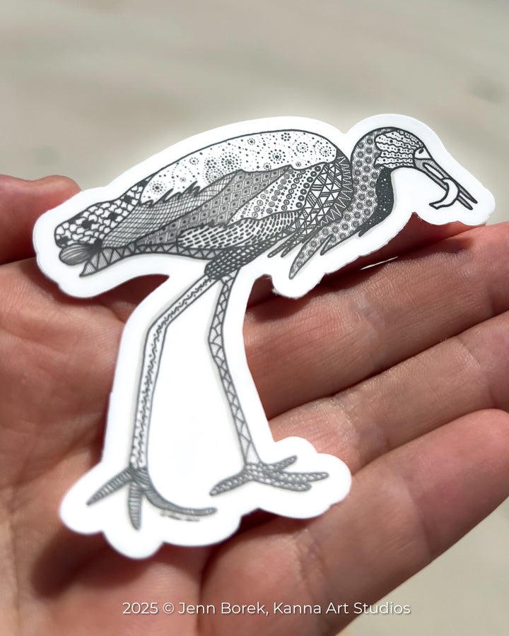Snowy Egret & Fish | Stickers 3" | Shore Bird Snowy Egret Vinyl Sticker | Black & White, Waterproof Snowy Egret Decal for Laptop, Water Bottle, Journal, Gift for Ocean Lovers