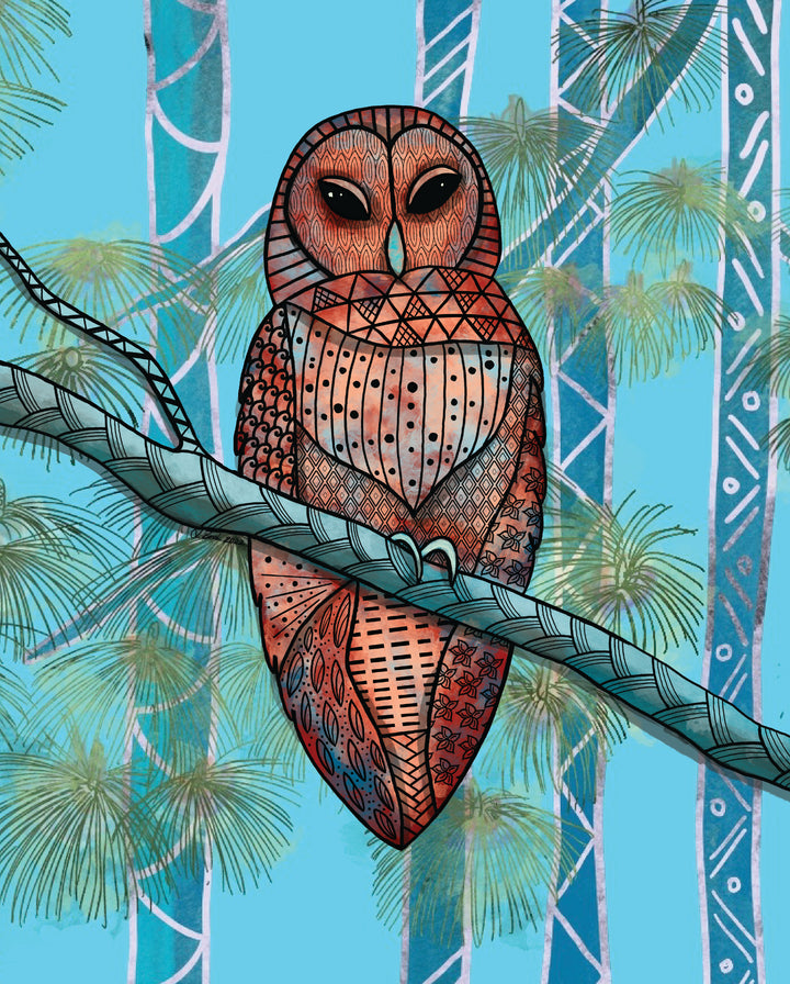 Barred Owl | Art Print 8 x 10 | Colorful Ocean Wall Art | Barred Owl Illustration, Coastal Beach Decor