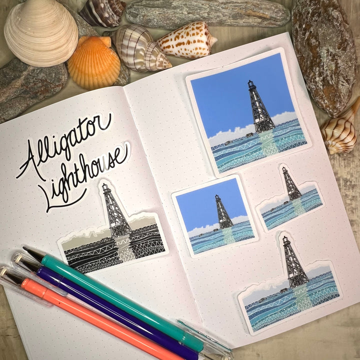 Alligator Reef Lighthouse | Stickers 3" | Cute Ocean Alligator Reef Lighthouse Vinyl Sticker | Black & White, Waterproof Alligator Reef Lighthouse Decal for Laptop, Water Bottle, Journal, Gift for Ocean Lovers