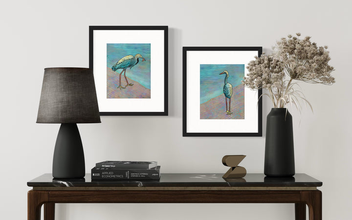 Snowy Egret & Fish | Art Print 8 x 10 | Colorful Ocean Wall Art | Snowy Egret Life Illustration, Coastal Beach Decor