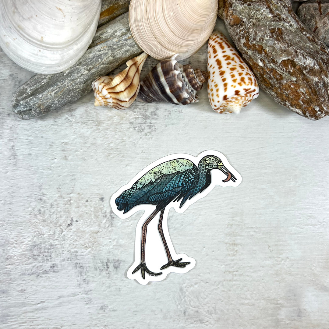 Sticker - Snowy Egret Fish - Turquoise - white background - 2.9x3"