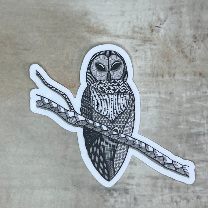 Sticker - Barred Owl - Black & White - White Background - 3"