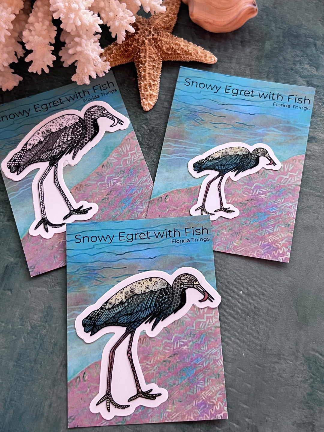 Snowy Egret & Fish | Stickers 2" or 3" | Shore Bird Snowy Egret Vinyl Sticker | Clear, Blue, Waterproof Snowy Egret Decal for Laptop, Water Bottle, Journal, Gift for Ocean Lovers