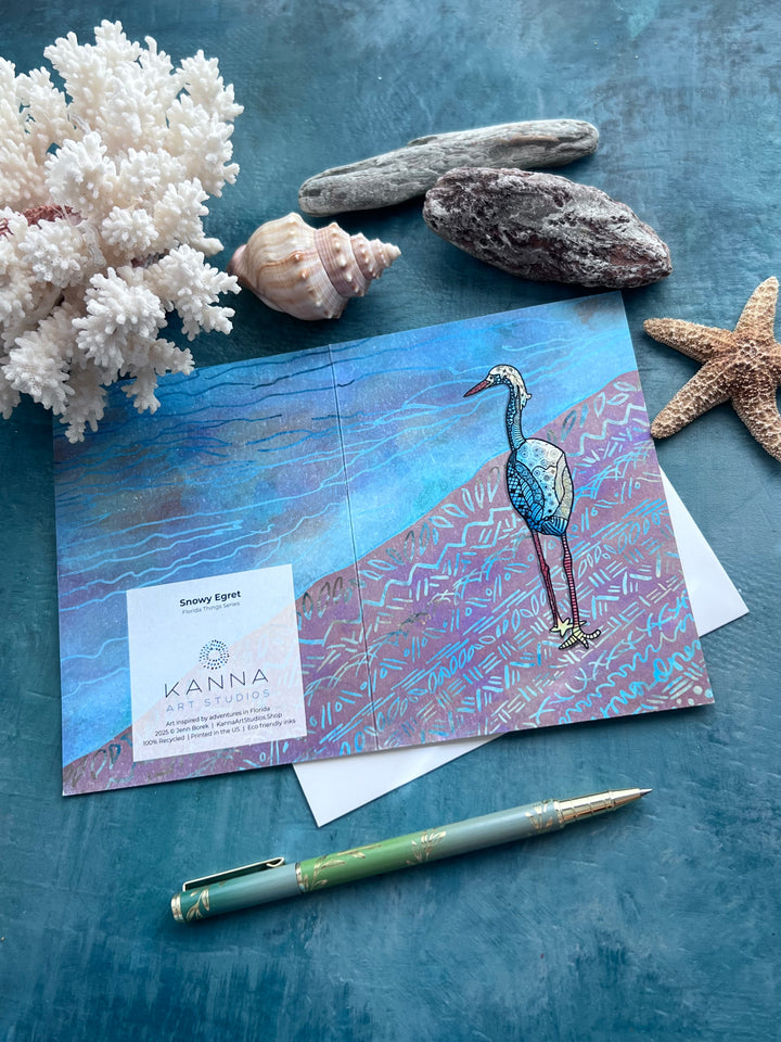 Snowy Egret | Blank Note Card 4.5 x 6.25 | Colorful Ocean Animal Greeting Card | Snowy Egret Stationery, Coastal Gift