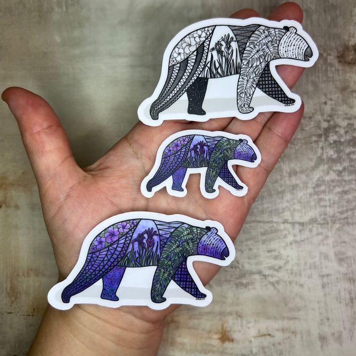 Sticker - Bear - Purple, Green - Clear background - 3" or 2"