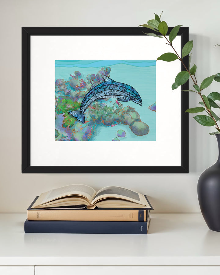 Dolphin Art Print 8 x 10 | Ocean Wall Art | Marine Life Illustration, Coastal Beach Decor