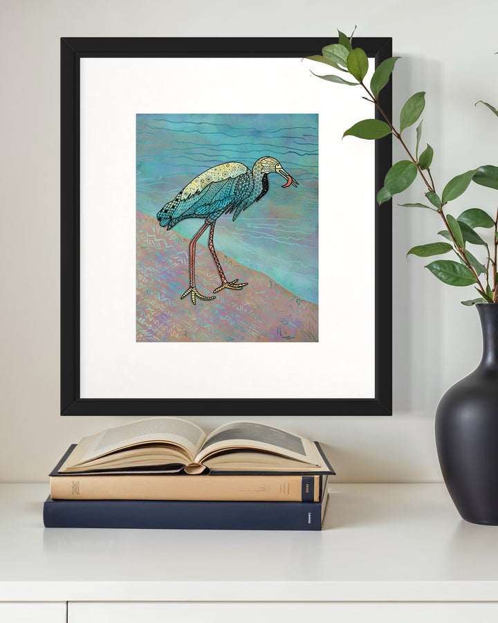 Snowy Egret & Fish | Art Print 8 x 10 | Colorful Ocean Wall Art | Snowy Egret Life Illustration, Coastal Beach Decor