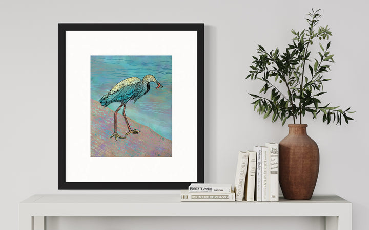 Snowy Egret & Fish | Art Print 8 x 10 | Colorful Ocean Wall Art | Snowy Egret Life Illustration, Coastal Beach Decor