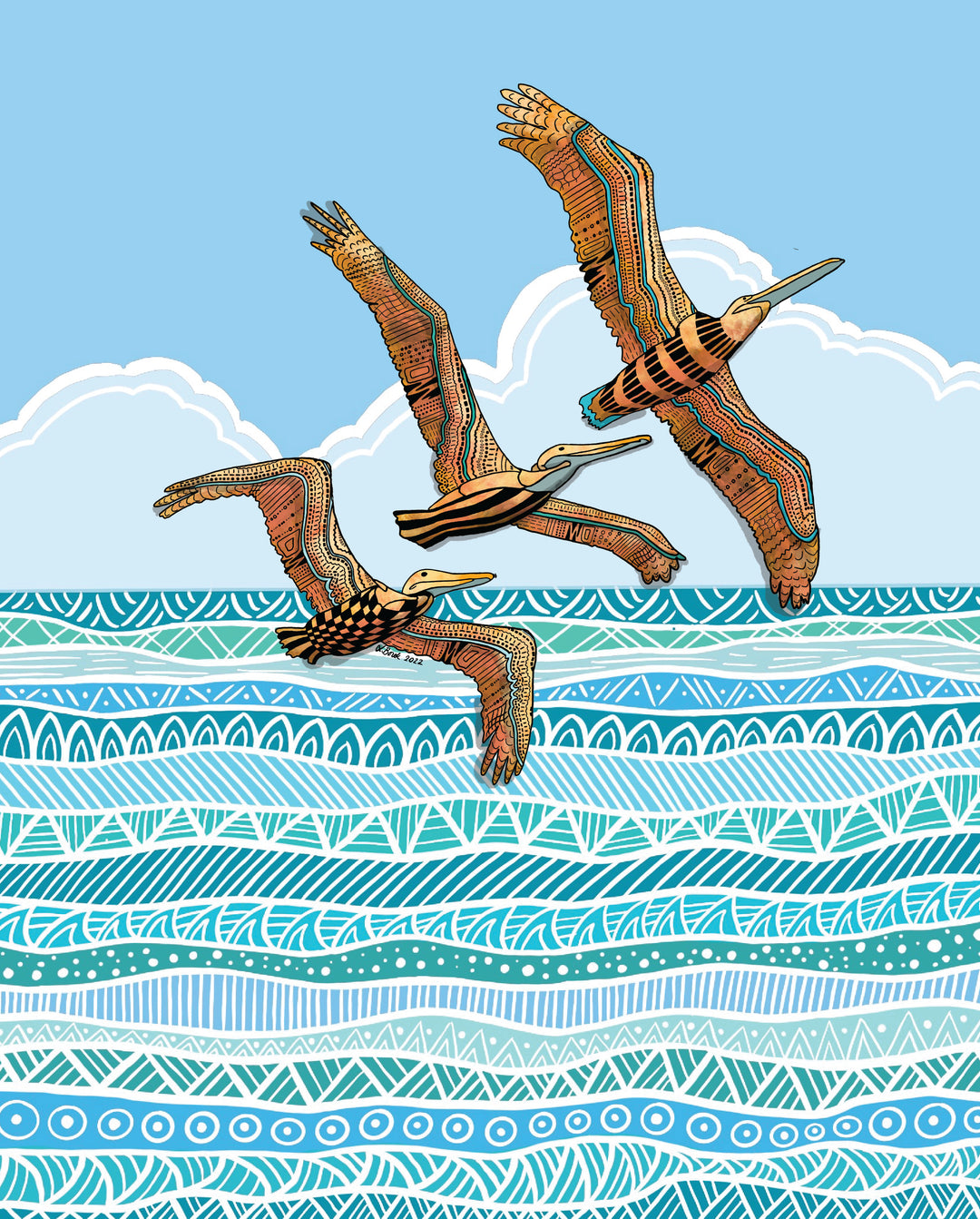 Pelican Squadron Art Print 8 x 10 | Colorful Ocean Wall Art | Pelican Squadron Life Illustration, Coastal Beach Decor