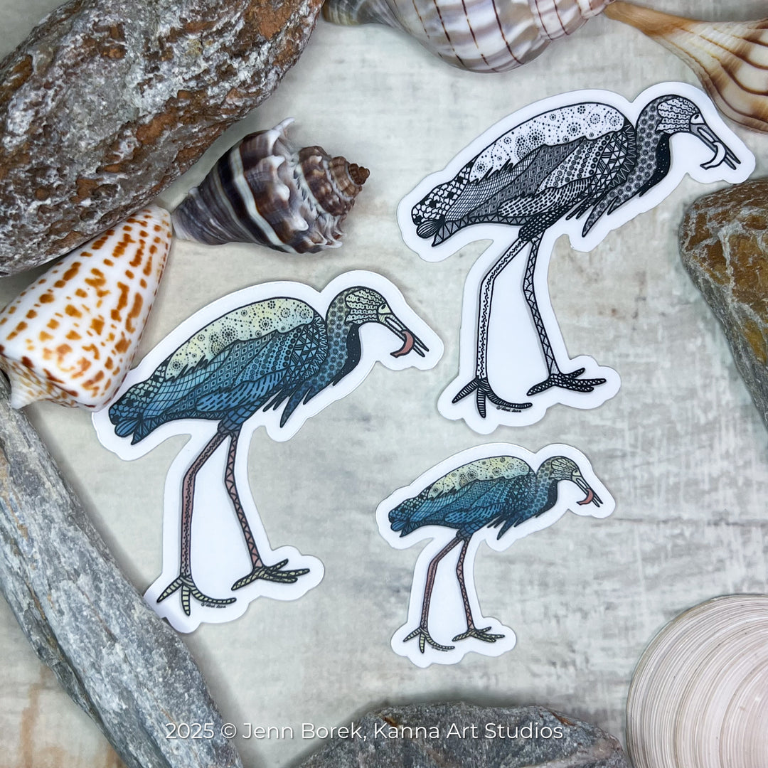 Snowy Egret & Fish | Stickers 2" or 3" | Shore Bird Snowy Egret Vinyl Sticker | Clear, Blue, Waterproof Snowy Egret Decal for Laptop, Water Bottle, Journal, Gift for Ocean Lovers