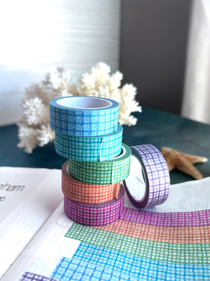 Washi Tape Wavy Gingham | 15mm Hand-Drawn Gingham Washi Tape | Colorful Journal, Planner & Scrapbook Tape | Pink, Orange, Green, Turquoise, Blue, Purple