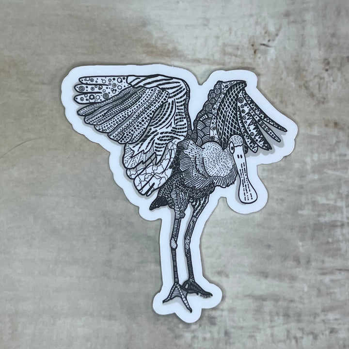 Sticker - Spoonbill Flapping - Black & White - White Background - 3"