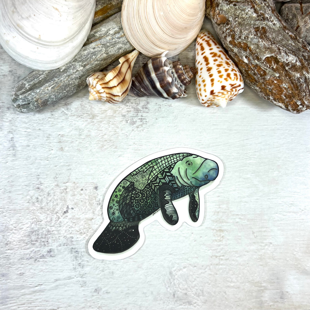 Sticker - Manatee - Green and Blue - white background - 3x2.7"